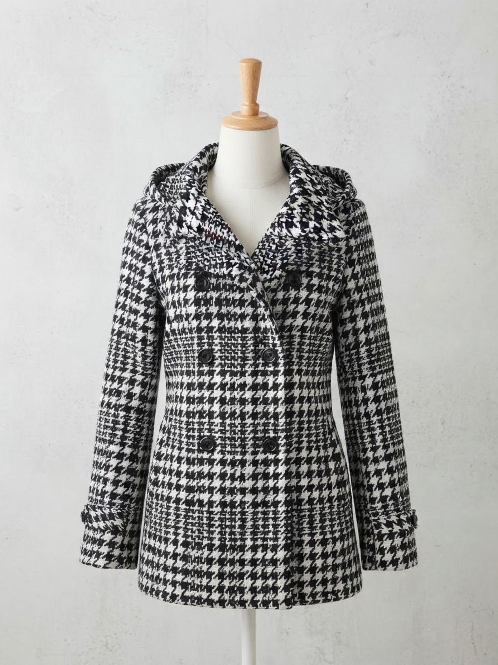 Houndstooth Double-Breasted Pea Coat with Hood - Black & White